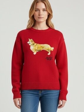 Ralph Lauren Intarsia-Knit Corgi Dog Cotton Red Crewneck Sweater Size XXS NWT